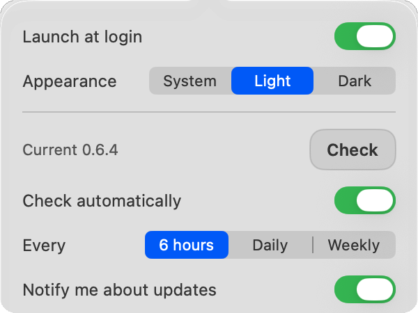 The General panel in the light appearance: Launch at login, Appearance, update check, how often to check, and update notifications.