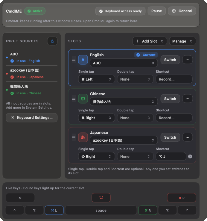 The CmdIME settings window in the dark appearance: installed input sources on the left, three slots with their single-tap, double-tap and shortcut triggers on the right, and Live keys below.