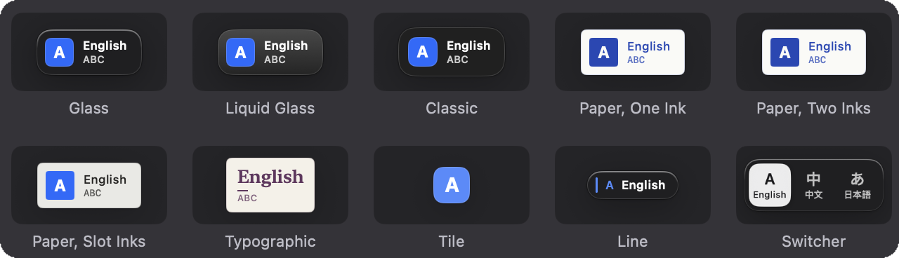 Ten of the built-in indicator themes in Settings: Glass, Liquid Glass, Classic, three paper styles, Typographic, Tile, Line and Switcher.